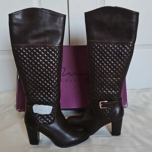 Mirage Collection Women's Faux Leather Quilted Heel Zip-Up Tall Boots Brown 8